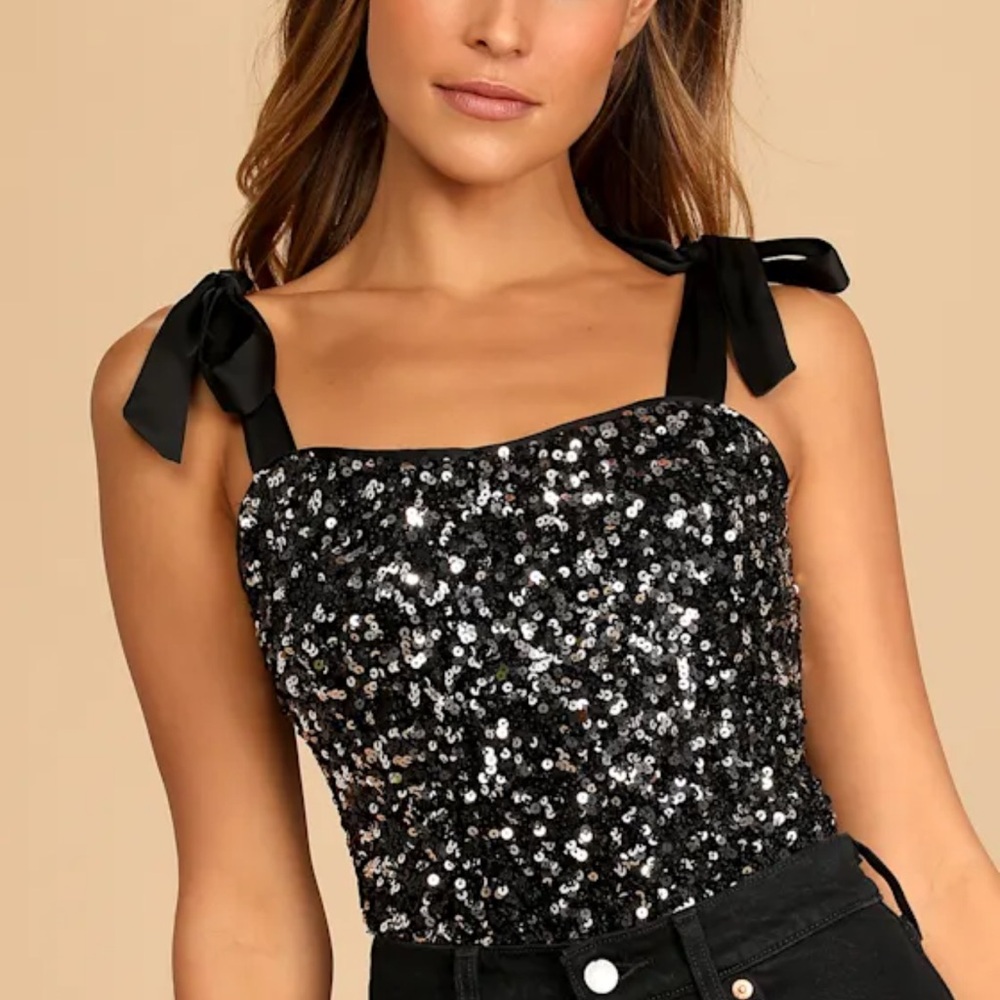 Lulus Sequin Black bodysuit with Bow Straps